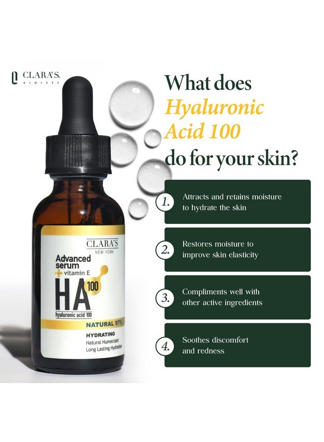 كلارا نيويورك 100 مصل حمض الهيالورونيك المتقدم النقي للوجه 30 مل مع فيتامين E لملء البشرة ومكافحة الشيخوخة والترطيب المكثف، صنع في الولايات المتحدة الأمريكية 30 مل (1 أونصة سائلة) - Image 2