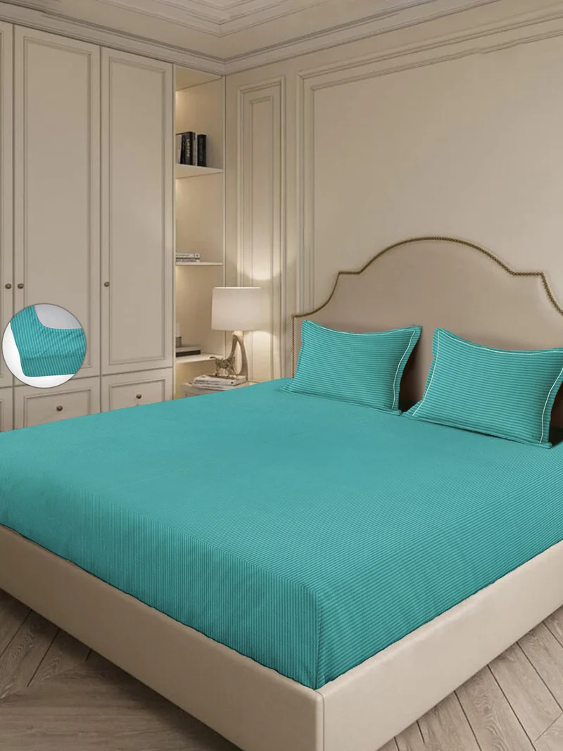 مالبيري ليفينج 100% Cotton 3 pc set -Linear Luxe- 1 fitted bedsheet 180x200x30cms / 2 pillowcovers 50x75 cms - Smoke Blue