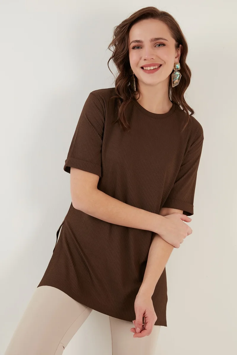Lela Oversize Crew Neck Slit Detailed Blouse Women's Blouse 5863683