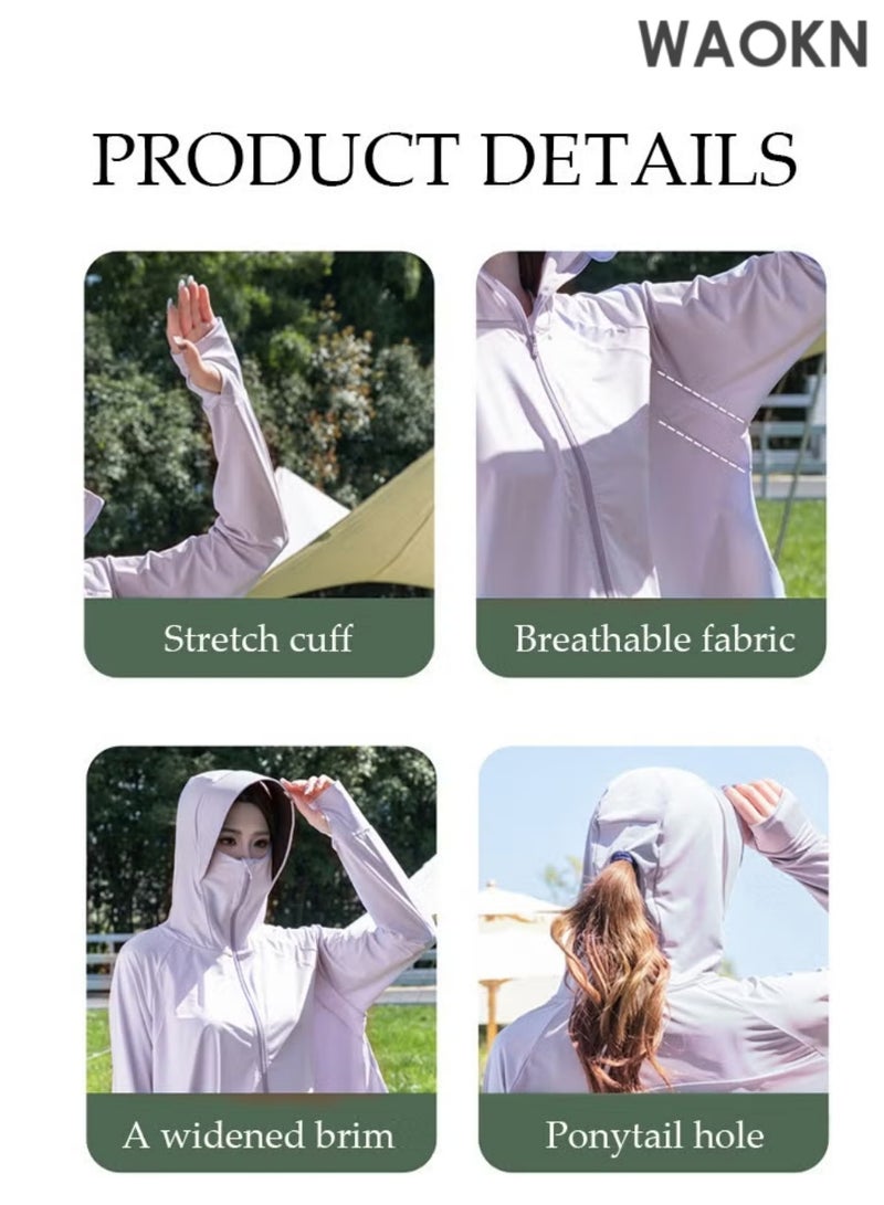 WAOKN Lightweight Sun Protection Clothing For Women, UPF 50+ Long Sleeve Sun Protection Hoodie Shirt,  Outdoor Lightweight Full Zip Hoodie Jacket with Face Mask Design,Long Sleeve Ice Silk Hoodie Shirts for Outdoor Climbing Hiking - Image 3