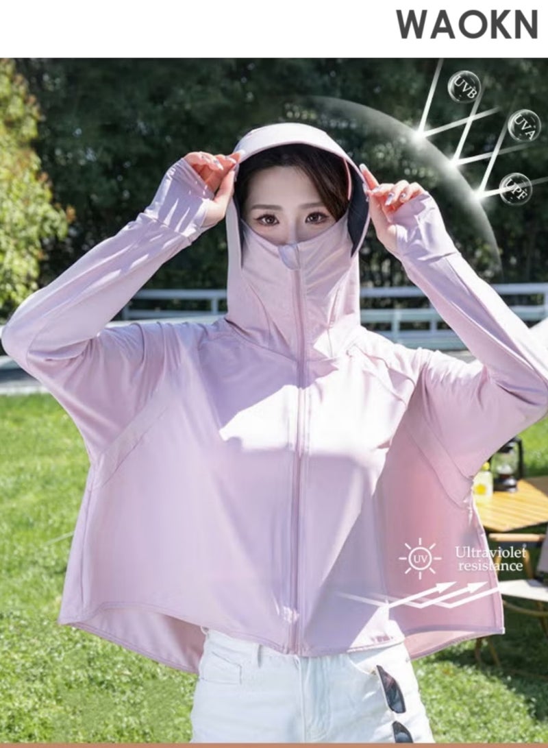 WAOKN Lightweight Sun Protection Clothing For Women, UPF 50+ Long Sleeve Sun Protection Hoodie Shirt,  Outdoor Lightweight Full Zip Hoodie Jacket with Face Mask Design,Long Sleeve Ice Silk Hoodie Shirts for Outdoor Climbing Hiking - Image 1