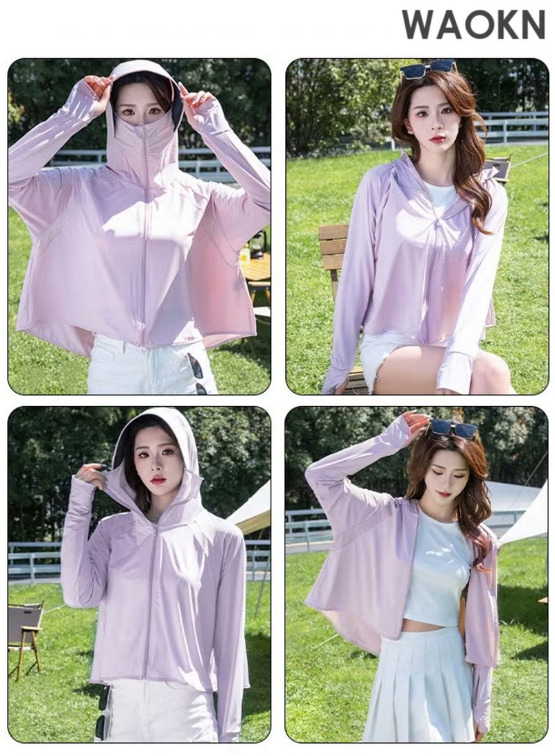 WAOKN Lightweight Sun Protection Clothing For Women, UPF 50+ Long Sleeve Sun Protection Hoodie Shirt,  Outdoor Lightweight Full Zip Hoodie Jacket with Face Mask Design,Long Sleeve Ice Silk Hoodie Shirts for Outdoor Climbing Hiking - Image 2