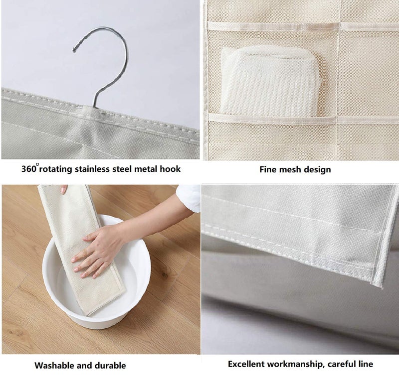Newraturner Closet Hanging Organizer with Mesh Pockets & Rotating Metal Hanger,Dual Sided Wall Shelf Wardrobe Storage Bags,Oxford Cloth Space Saver Bag for Bra Underwear Underpants Socks (white) - Image 4