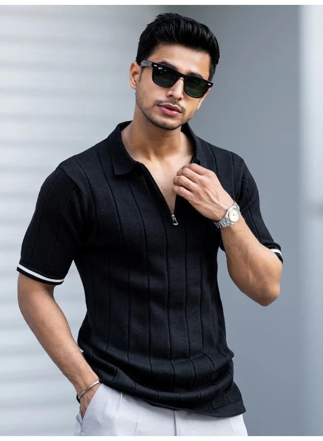 مانياك تيشيرت بولو رجالي مانياك أسود نصف كم قطن بنقشة مجسمة