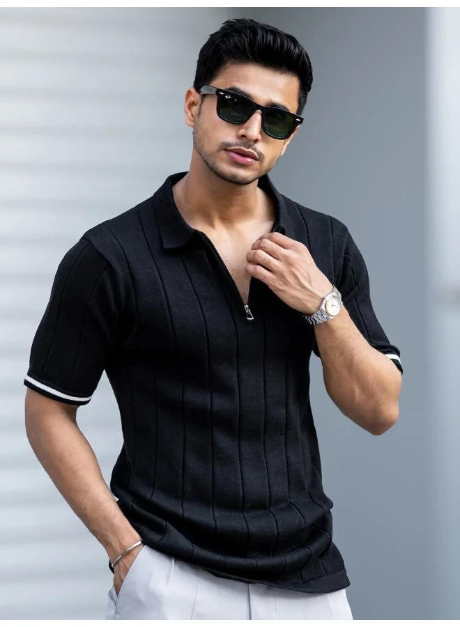 Maniac Maniac Mens Drop NeedleTextured Black Polo Neck Half Sleeve Cotton Tshirt