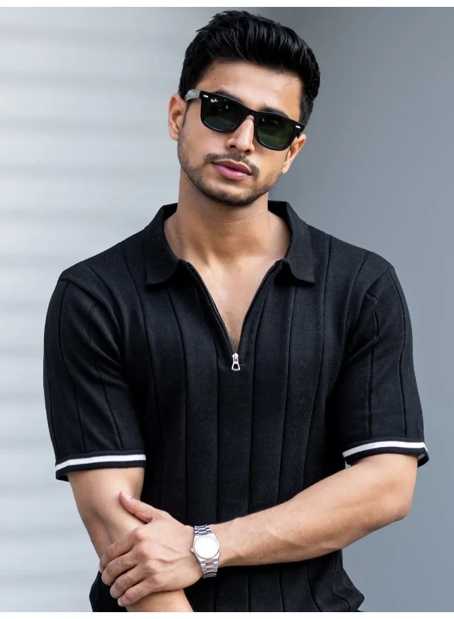 Maniac Maniac Mens Drop NeedleTextured Black Polo Neck Half Sleeve Cotton Tshirt