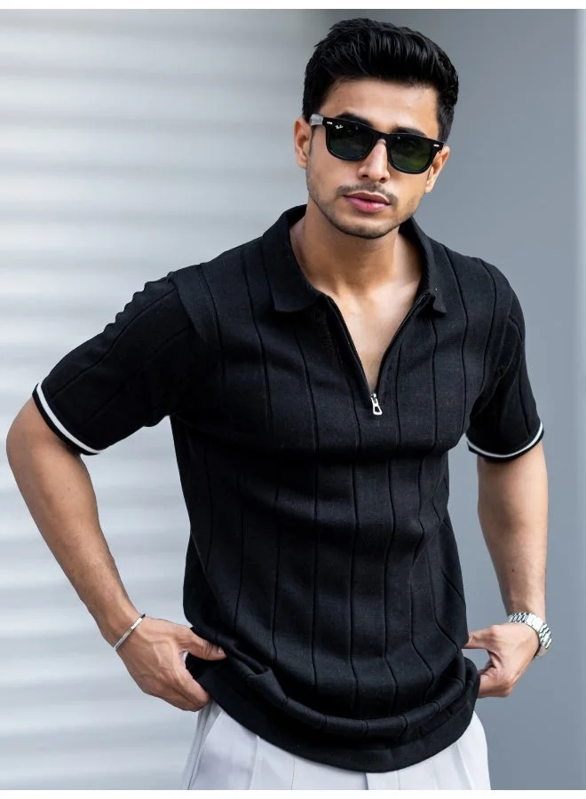 Maniac  Maniac Mens drop needletextured black polo neck half sleeve cotton tshirt for Men | Best Price UAE