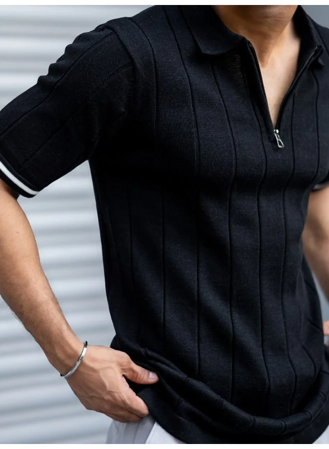 Maniac  Maniac Mens drop needletextured black polo neck half sleeve cotton tshirt for Men | Best Price UAE