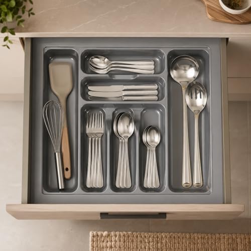 LEVON Plastic Cutlery Tray for Kitchen Drawer, 21 x 19 Inch Drawer Organizer Tray, Spoon & Utensil Organizer, 7 Compartments, Easy to Cut for Custom Fit, Grey - Image 1