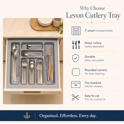 LEVON Plastic Cutlery Tray for Kitchen Drawer, 21 x 19 Inch Drawer Organizer Tray, Spoon & Utensil Organizer, 7 Compartments, Easy to Cut for Custom Fit, Grey - Image 3
