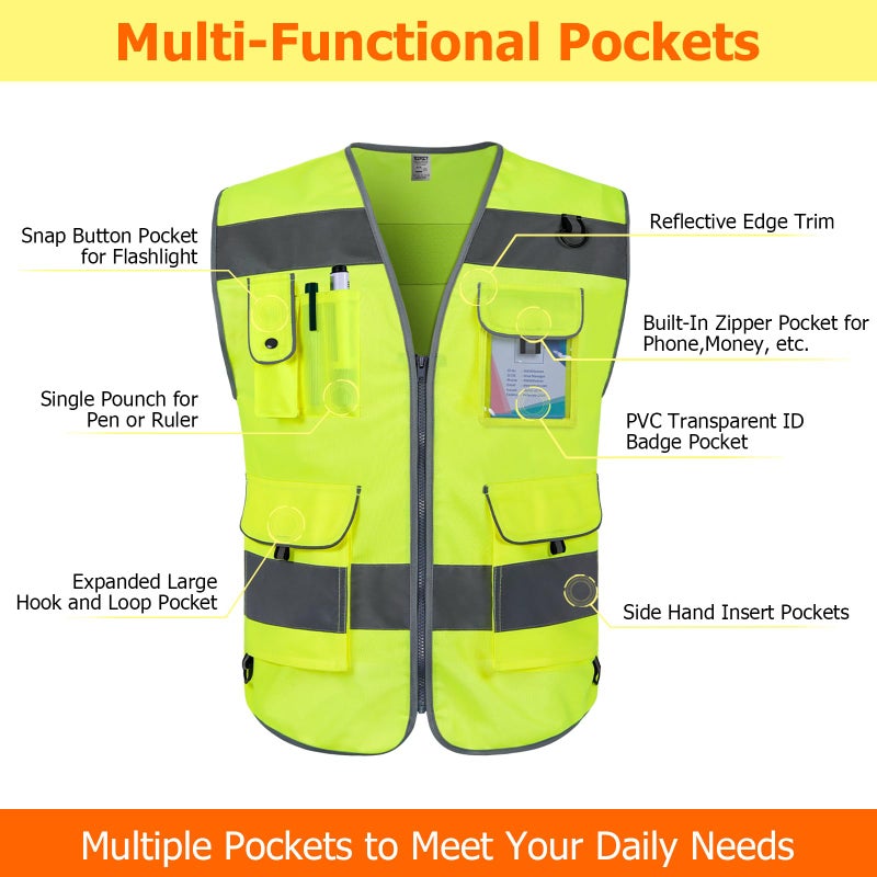 TCCFCCT Safety Vest for Men Women 9 Pockets High Visibility Vest for Safety, Reflective Work Vest with Reflective Strips, Meets ANSI/ISEA Standards, (Yellow, Large) - Image 3
