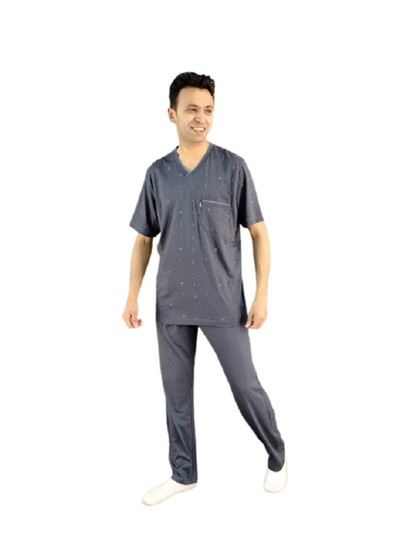 Jet Men Summer Pajama Set Printed Top & Plain Bottom -Dark Grey - Image 1