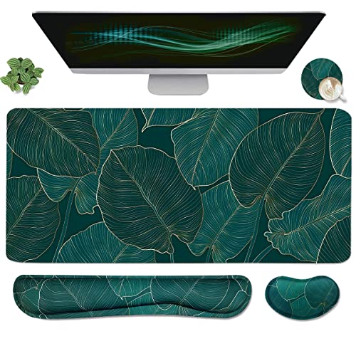 Yunoble Ergonomic Large Mouse Pad and Keyboard Wrist Rest Desk Pad for Keyboard and Mouse 4in1 Large Gaming Mouse Pad with Wrist Support for Home Office Study GameGreen Leaves - Image 1
