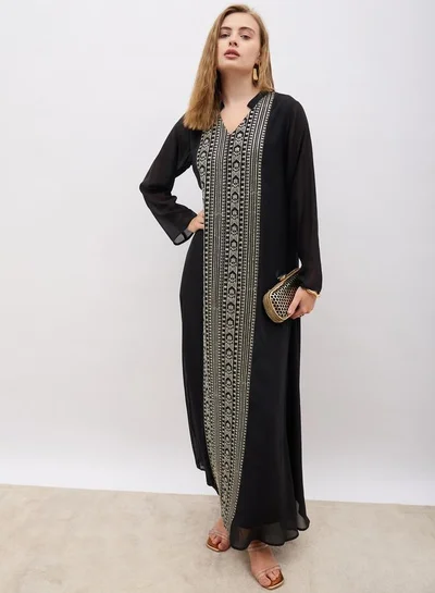 Styli Sequin Embroidered Panelled Jalabiya with Collar