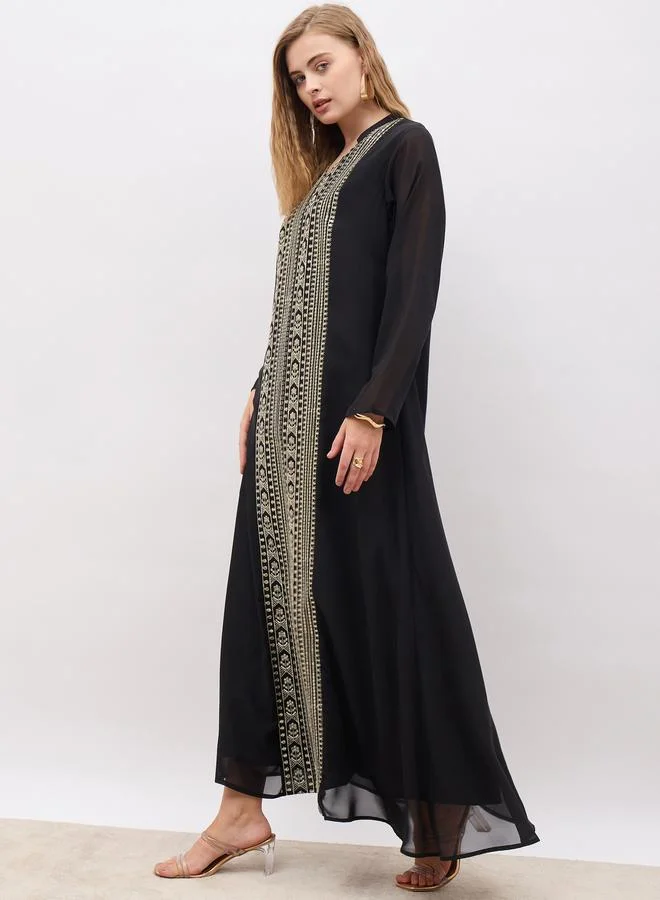 Styli Styli Sequin Embroidered Panelled Jalabiya with Collar