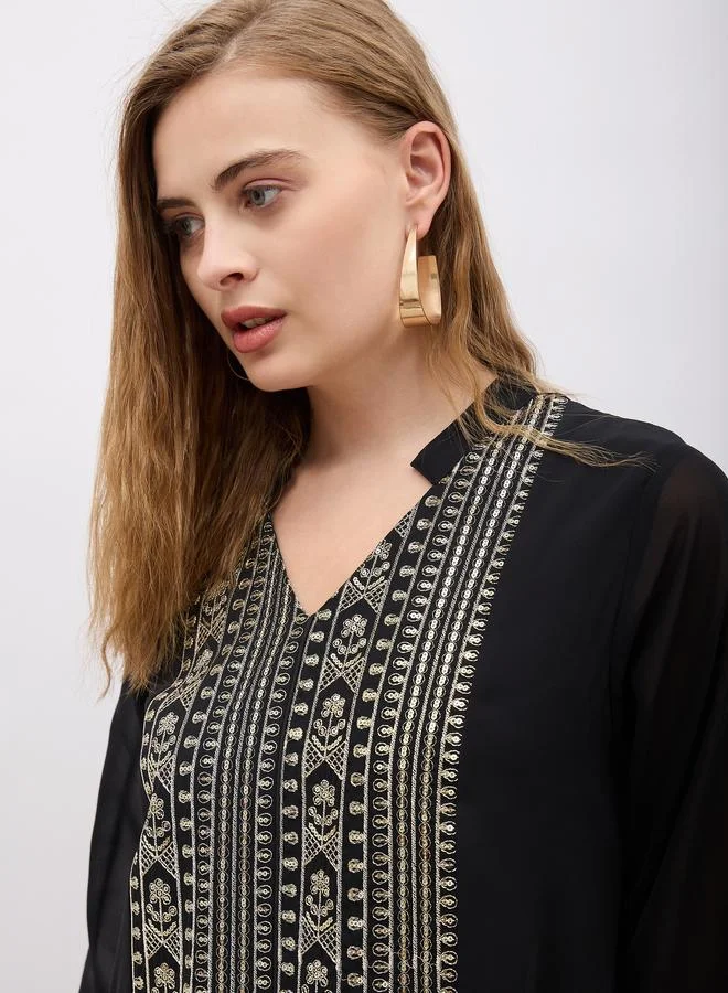 Styli Styli Sequin Embroidered Panelled Jalabiya with Collar