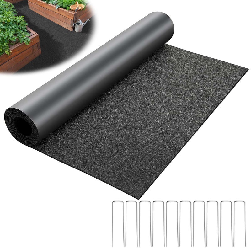 DECOHS 10 x 2 Ft Recycled Felt Mulch Mat Roll for Landscaping, Permanent Fabric Mulch Walkway Pathway Mat, Reusable Garden Pathway Mulch Barrier with 10 Stakes for Plants, Vegetable and Flower Outdoor - Image 1