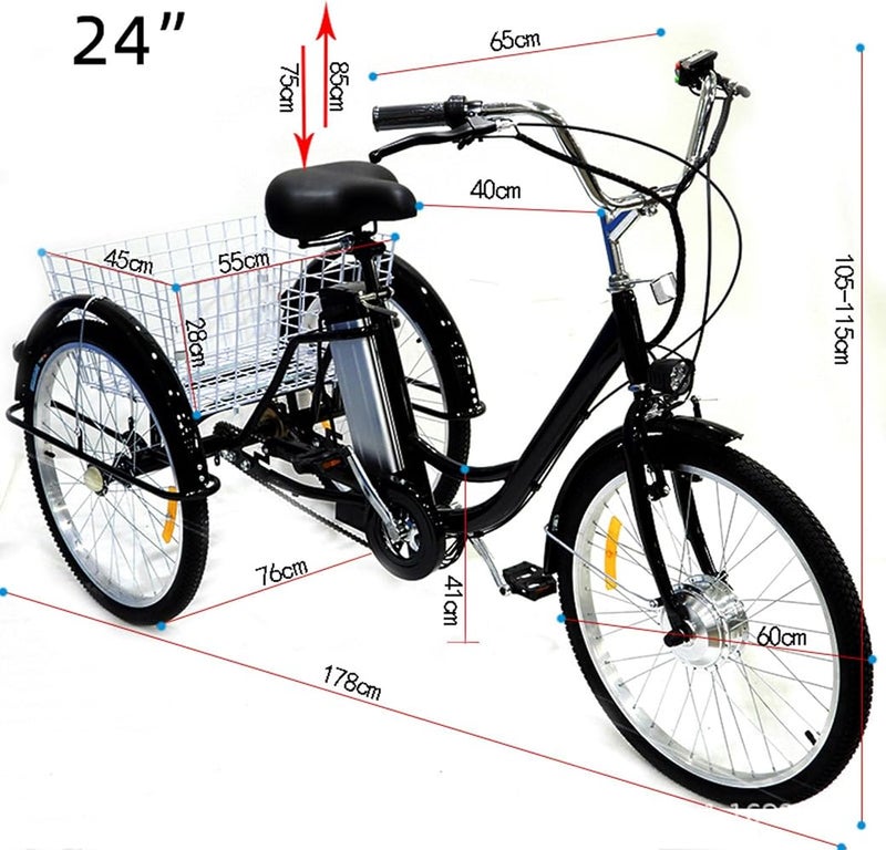 UPIKIT 3 Wheel Adults Electric Bike (150Kg Load) + Lithium Battery (36V/12Ah) + Shopping Basket, Electric/Power-Assisted/Pedal, Adjustable Height (29.5''-33.4'') - Image 2