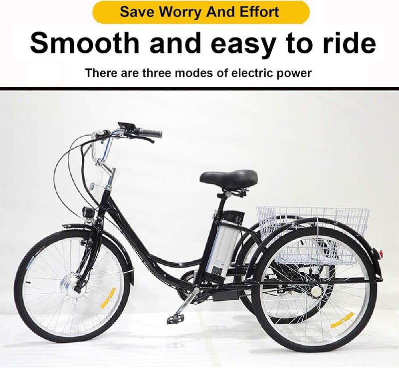 UPIKIT 3 Wheel Adults Electric Bike (150Kg Load) + Lithium Battery (36V/12Ah) + Shopping Basket, Electric/Power-Assisted/Pedal, Adjustable Height (29.5''-33.4'') - Image 3