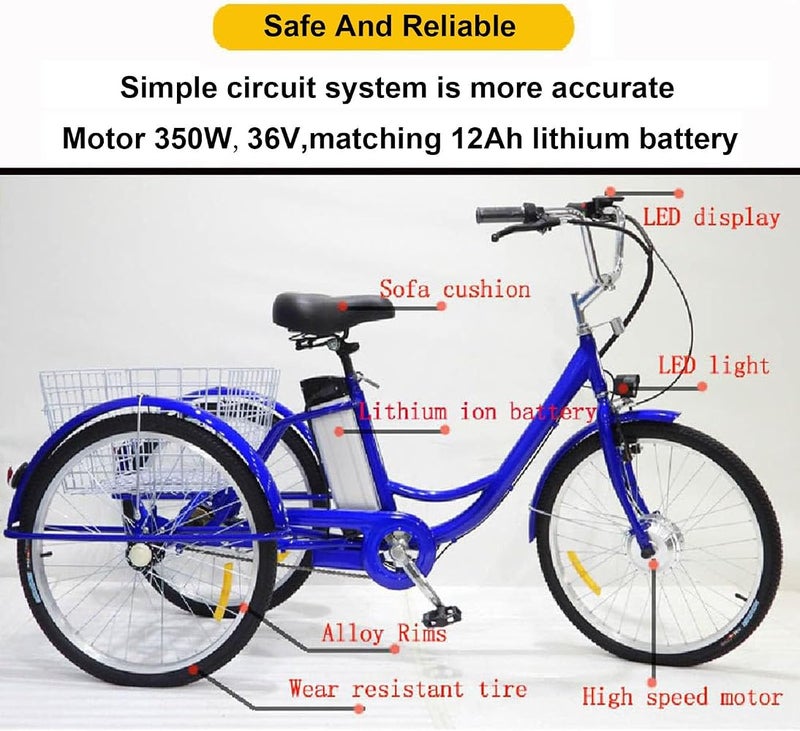 UPIKIT 3 Wheel Adults Electric Bike (150Kg Load) + Lithium Battery (36V/12Ah) + Shopping Basket, Electric/Power-Assisted/Pedal, Adjustable Height (29.5''-33.4'') - Image 4