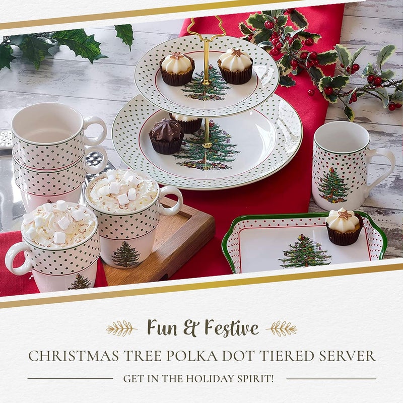Spode Christmas Tree 2Tiered Server 8  10  Polka Dot Tiered Tray for Serving Food Cake Desserts Holiday Treats Festive Tableware with Gold Handle Durable Stoneware  Dishwasher Safe - Image 2