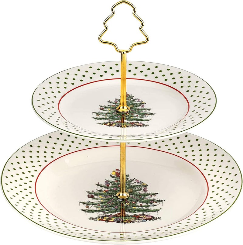 Spode Christmas Tree 2Tiered Server 8  10  Polka Dot Tiered Tray for Serving Food Cake Desserts Holiday Treats Festive Tableware with Gold Handle Durable Stoneware  Dishwasher Safe - Image 1