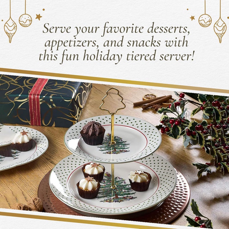 Spode Christmas Tree 2Tiered Server 8  10  Polka Dot Tiered Tray for Serving Food Cake Desserts Holiday Treats Festive Tableware with Gold Handle Durable Stoneware  Dishwasher Safe - Image 5