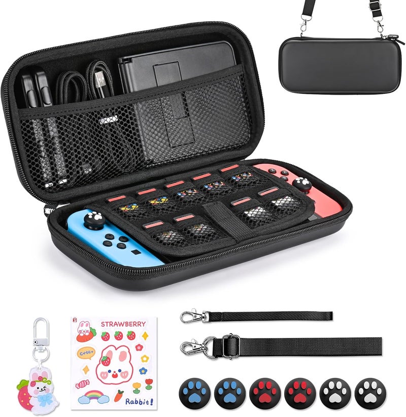 يونيك حقيبة للسويتش متوافقة مع NS Switch/Switch OLED، 11 في 1 مجموعة إكسسوارات السويتش تتضمن حقيبة حمل السويتش، أغطية عصا التحكم، ملصقات لطيفة وقلادات (أسود) - Image 1