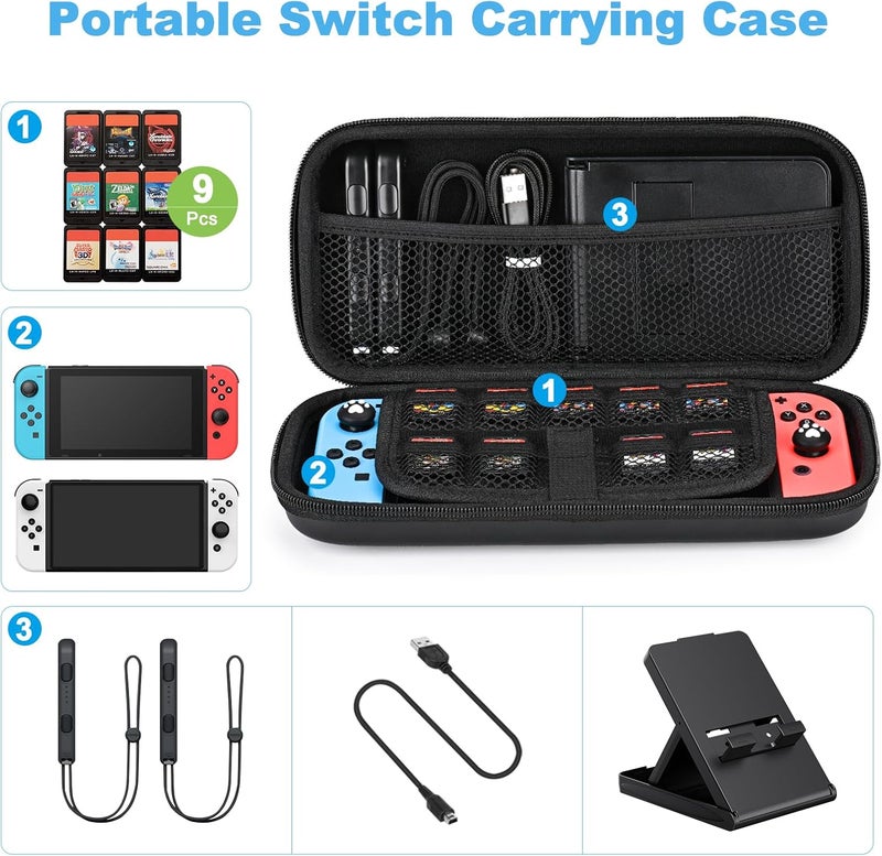 يونيك حقيبة للسويتش متوافقة مع NS Switch/Switch OLED، 11 في 1 مجموعة إكسسوارات السويتش تتضمن حقيبة حمل السويتش، أغطية عصا التحكم، ملصقات لطيفة وقلادات (أسود) - Image 2