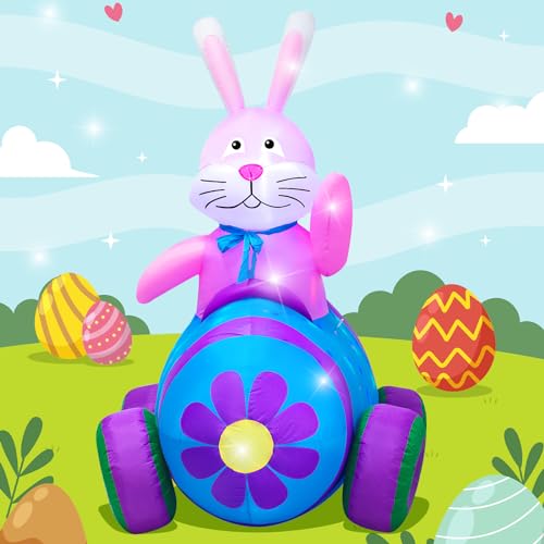 AJY 4Ft Easter Inflatables Bunny Decorations with LED Lights，Happy Easter Bunny Blow Up Yard Indoor Outdoor Holiday Decor - Image 1