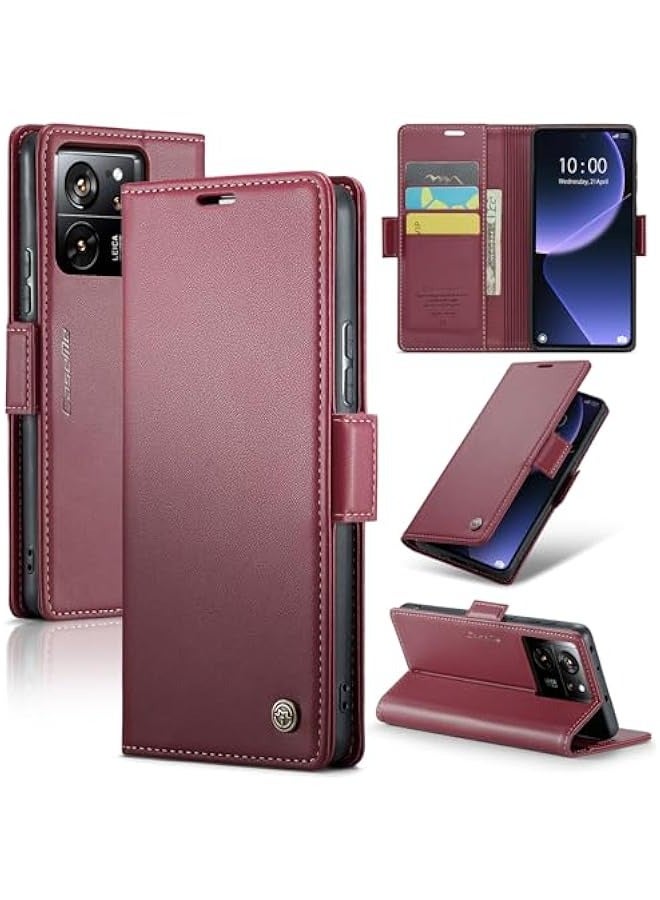 Premium Leather Wallet Case for Xiaomi 13T\/13T Pro - RFID Blocking, Magnetic Flip, Kickstand - Wine Color - Image 1
