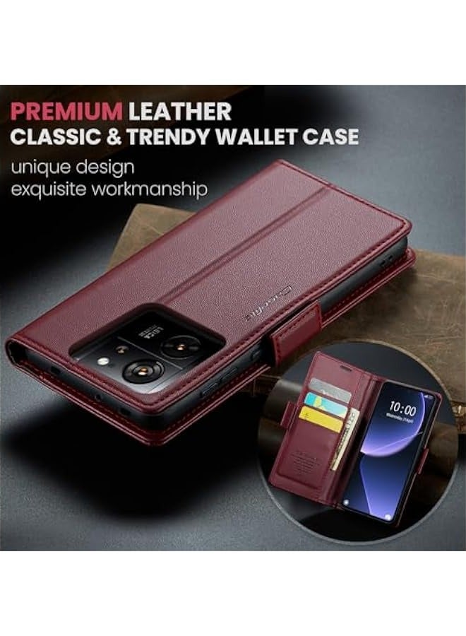 Premium Leather Wallet Case for Xiaomi 13T\/13T Pro - RFID Blocking, Magnetic Flip, Kickstand - Wine Color - Image 2