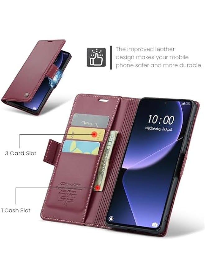 Premium Leather Wallet Case for Xiaomi 13T\/13T Pro - RFID Blocking, Magnetic Flip, Kickstand - Wine Color - Image 3