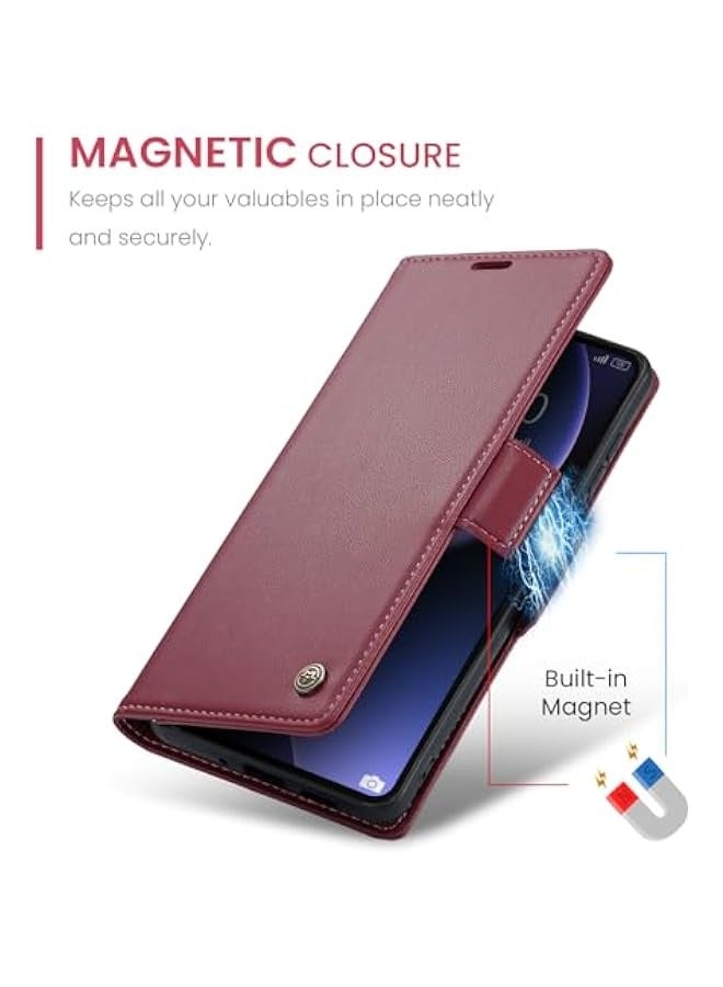 Premium Leather Wallet Case for Xiaomi 13T\/13T Pro - RFID Blocking, Magnetic Flip, Kickstand - Wine Color - Image 4