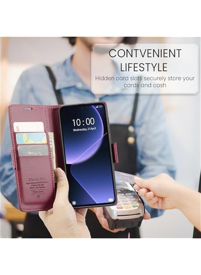 Premium Leather Wallet Case for Xiaomi 13T\/13T Pro - RFID Blocking, Magnetic Flip, Kickstand - Wine Color - Image 5