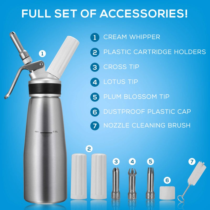 OCTANDRA Professional Whipped Cream Dispenser â€“ 1 Pint Aluminum Whipper Canister - Whipping Siphon - Whip Cream Maker with 3 Stainless Steel Tips, 2 Charger Holders, Brush & Storage Cap - Image 3