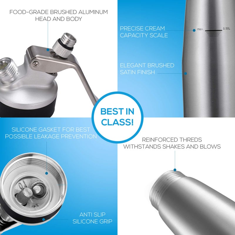 OCTANDRA Professional Whipped Cream Dispenser â€“ 1 Pint Aluminum Whipper Canister - Whipping Siphon - Whip Cream Maker with 3 Stainless Steel Tips, 2 Charger Holders, Brush & Storage Cap - Image 5