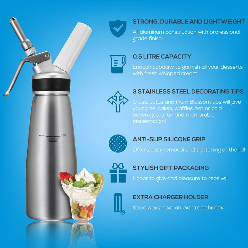 OCTANDRA Professional Whipped Cream Dispenser â€“ 1 Pint Aluminum Whipper Canister - Whipping Siphon - Whip Cream Maker with 3 Stainless Steel Tips, 2 Charger Holders, Brush & Storage Cap - Image 4