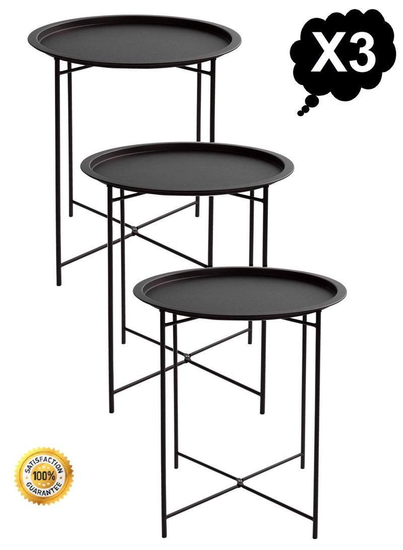 Generic Black Foldable Round Multi-Purpose Metal Side Accent, Coffee, End Table for Bedroom, Living Room (3 Pieces) - Image 1