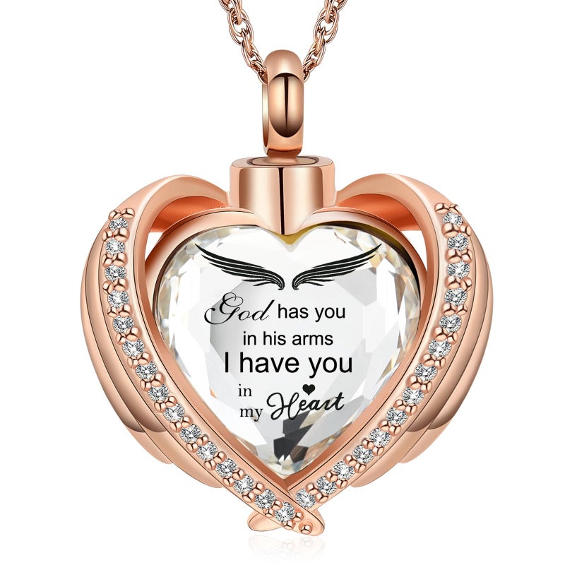 shajwo Wing Heart Urn Necklaces for Ashes for Women Men Cremation Jewelry Keepsake Pendant Memorial Locket Ash Holder,Rose Gold-White - Image 1