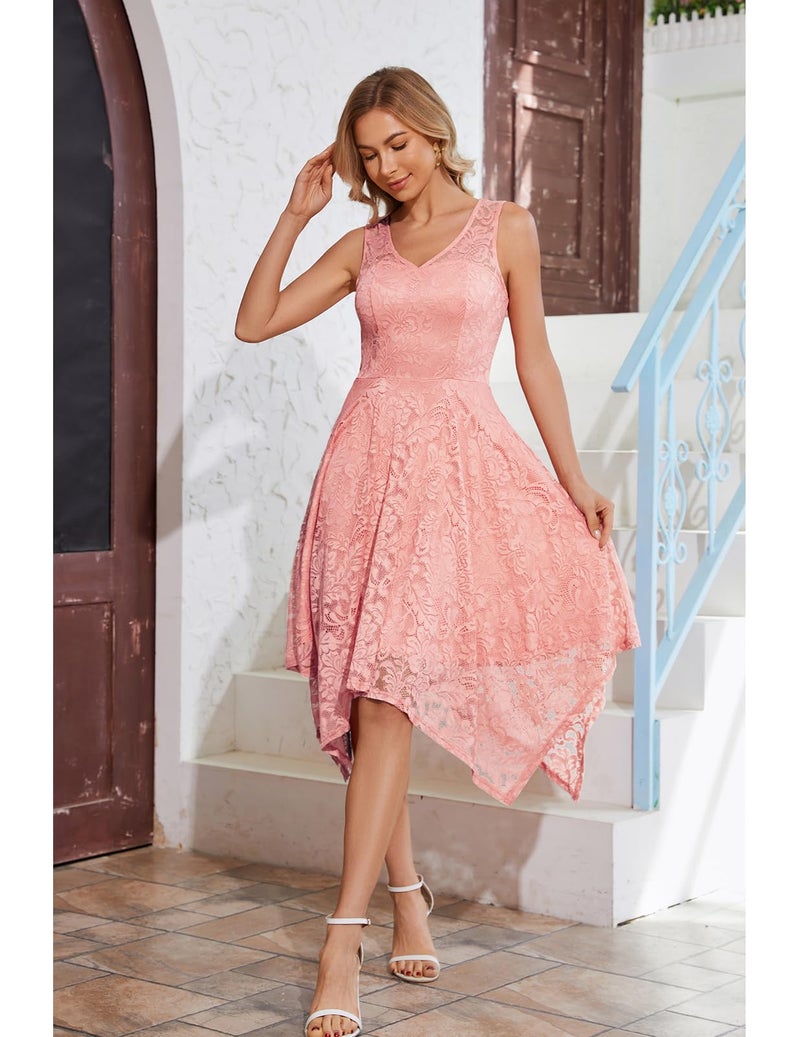 Meetjen Women's Cocktail Dresses for Wedding Guest 2025 Asymmetrical Bridesmaid Lace V-Neck Short Prom Dress Blush L - Image 3