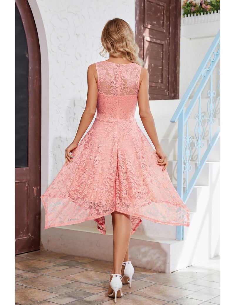 Meetjen Women's Cocktail Dresses for Wedding Guest 2025 Asymmetrical Bridesmaid Lace V-Neck Short Prom Dress Blush L - Image 5