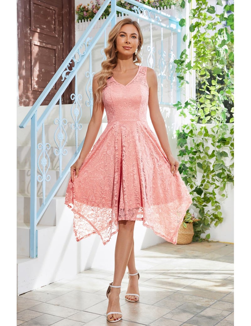 Meetjen Women's Cocktail Dresses for Wedding Guest 2025 Asymmetrical Bridesmaid Lace V-Neck Short Prom Dress Blush L - Image 2