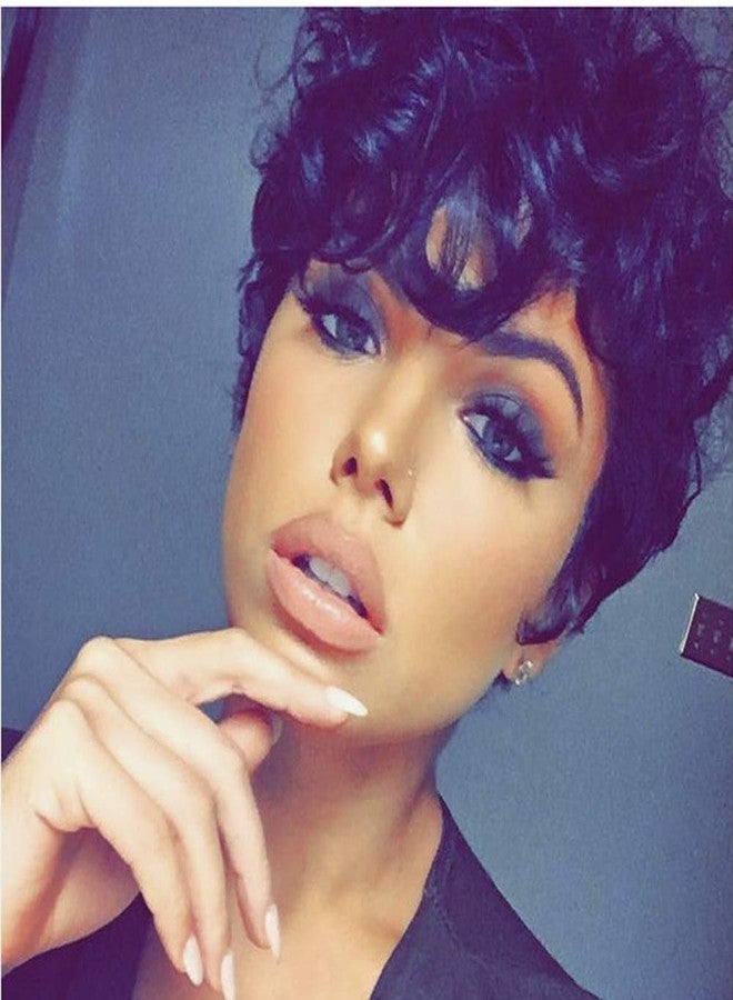 HOTKIS Short Curly Pixie Cut Wigs for Black Women Short Black Synthetic Curly Hair Glueless Wigs Heat Resistant Fiber Pixie Cut Curly Wigs with Bangs - Image 2