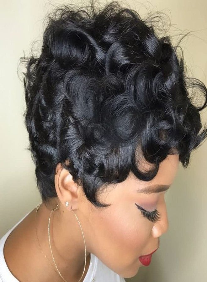 HOTKIS Short Curly Pixie Cut Wigs for Black Women Short Black Synthetic Curly Hair Glueless Wigs Heat Resistant Fiber Pixie Cut Curly Wigs with Bangs - Image 3