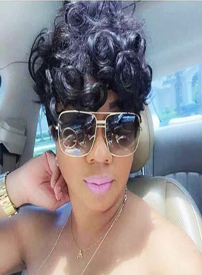HOTKIS Short Curly Pixie Cut Wigs for Black Women Short Black Synthetic Curly Hair Glueless Wigs Heat Resistant Fiber Pixie Cut Curly Wigs with Bangs - Image 1