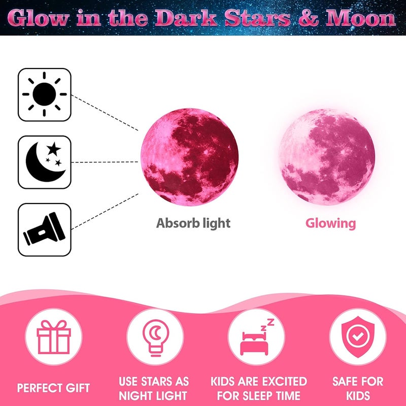 klarako 1630 Pieces Glow in The Dark Stars for Ceiling Glow in The Dark Stars and Moon Wall Decals Luminous Stickers for Bedroom Boys Girls Nursery Living Room (Fluorescent Pink) - Image 3