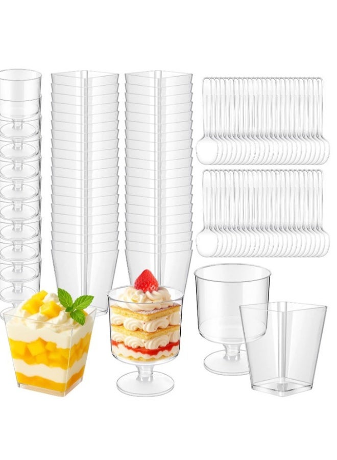 Genetic Reusable Clear Plastic Dessert Cups with Spoons, 50 Pack (25 Square Cups + 25 Round Goblet Cups + 50 Matching Spoons), 5oz Mini Serving Cups for Mousse, Jelly, Pudding, Party & Daily Home Use - Image 1
