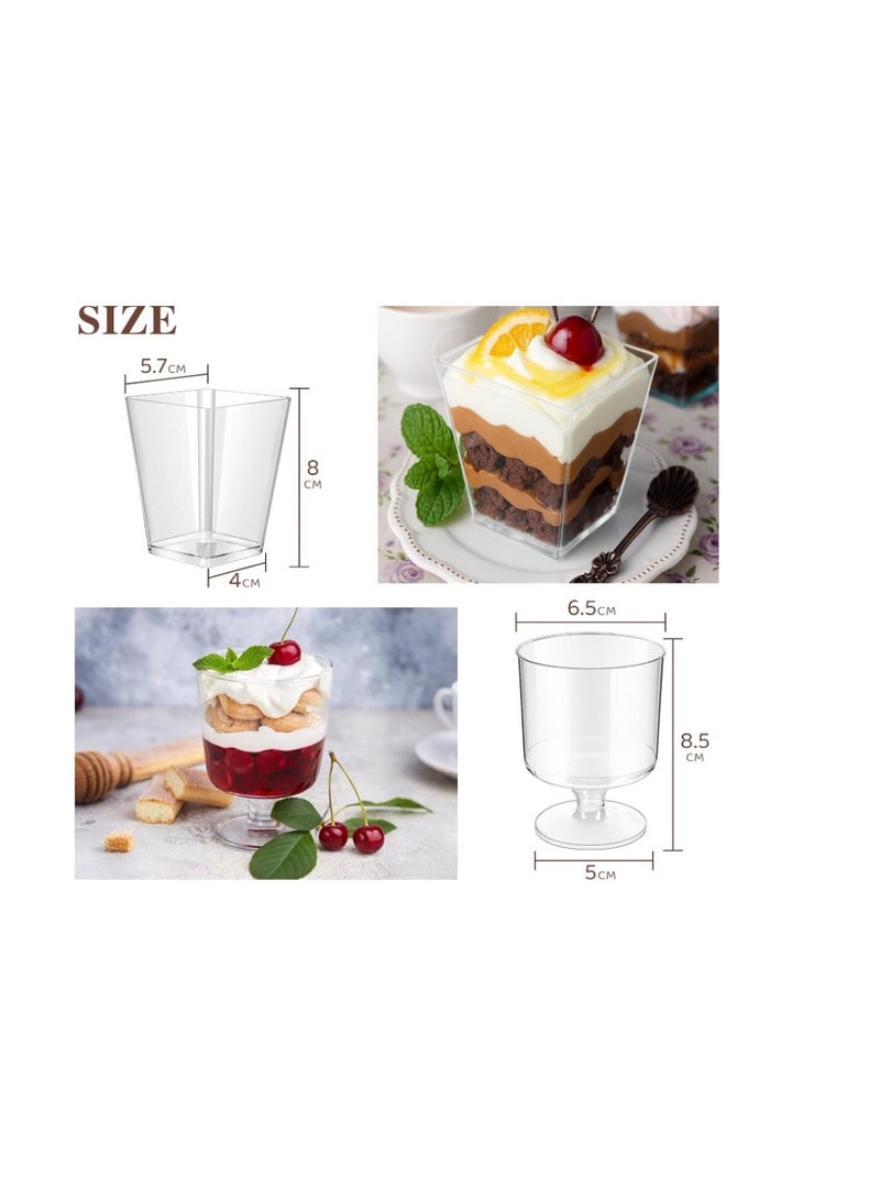 Genetic Reusable Clear Plastic Dessert Cups with Spoons, 50 Pack (25 Square Cups + 25 Round Goblet Cups + 50 Matching Spoons), 5oz Mini Serving Cups for Mousse, Jelly, Pudding, Party & Daily Home Use - Image 2