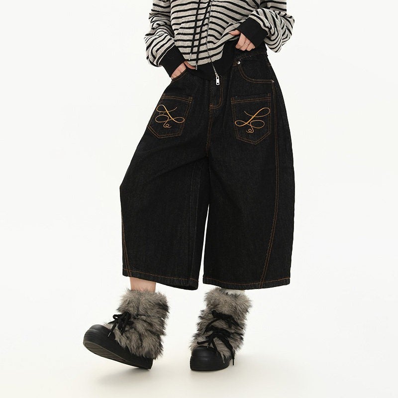 Women's American Embroidery Design Wide Leg Cropped Jeans - Image 3